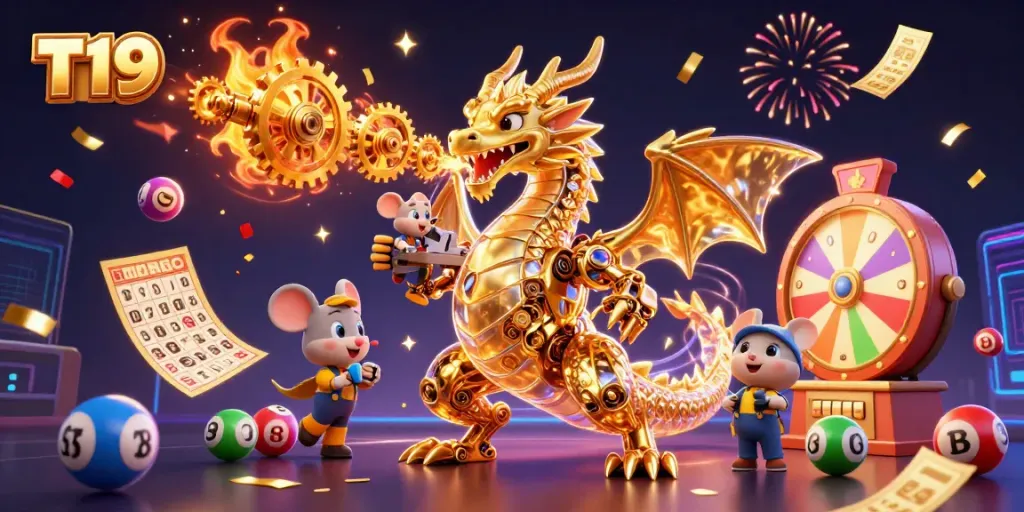 Experience T19's thrilling gaming scene with dynamic elements and colorful attractions in this vibrant illustration.