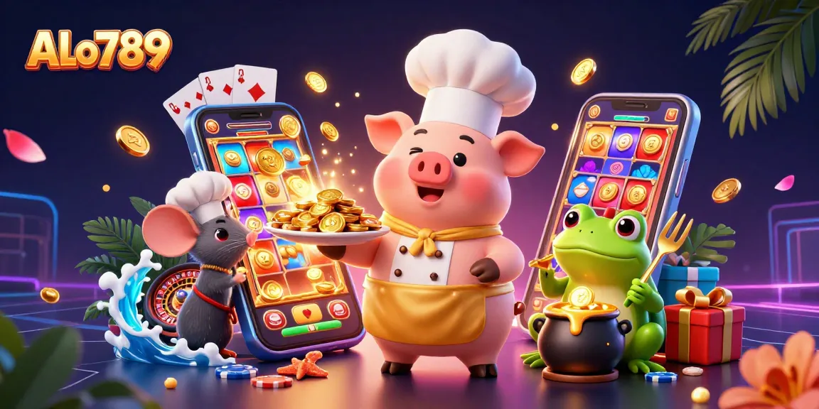 Play slots and win with ALo789, featuring cheerful characters amidst a vibrant casino scene.
