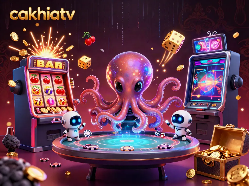 Cakhiatv showcases a vibrant alien octopus playing poker amid a cosmic casino scene.