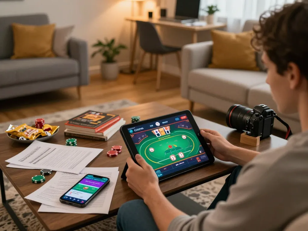 Engaging online casino experience at https://f168.sarl/ showcasing a player strategizing poker moves on a tablet.