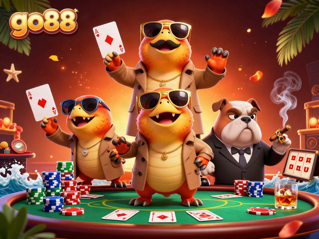 Experience the excitement of go88 in this vibrant casino scene with playful raptors and high-stakes elements.