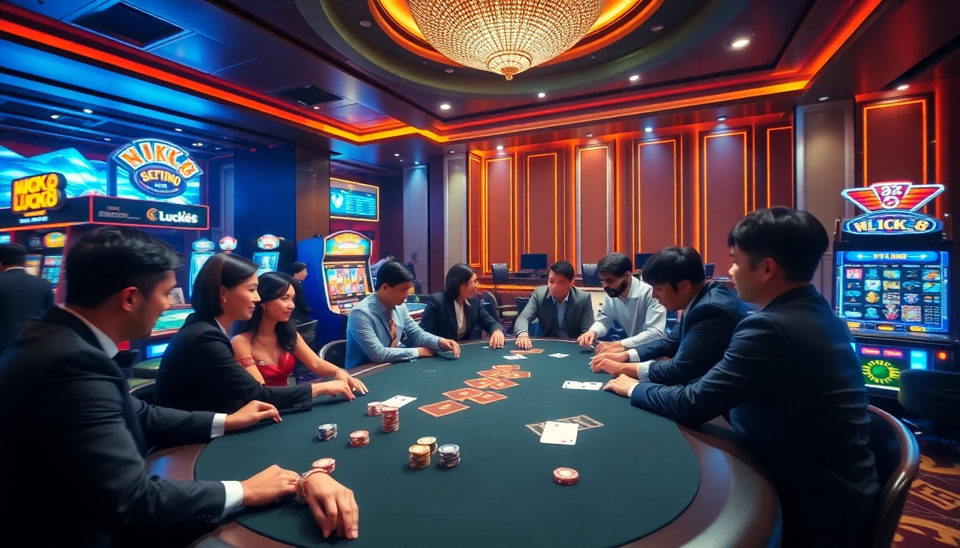 Playing poker at Nhà cái LUCK8 casino with vibrant atmosphere and engaged gamblers.