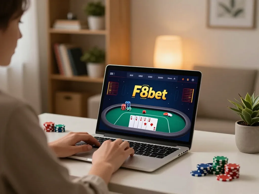 Engaging online F8bet gaming session with a laptop displaying poker cards and chips.