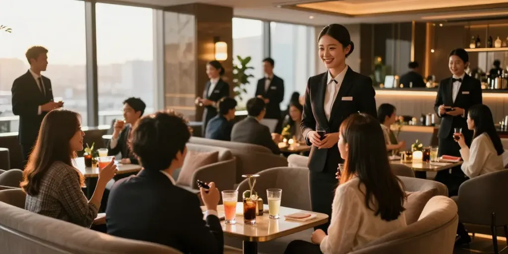 강남타이밍 쩜오의 고급스러운 실내와 즐거운 고객들의 모습