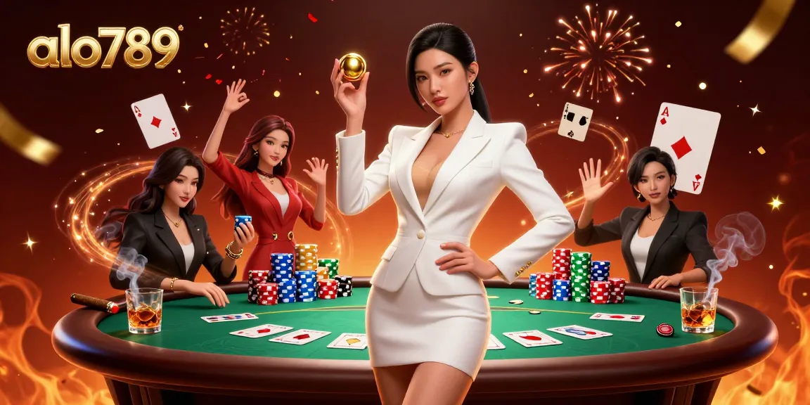 Alo789 showcases expert gameplay with a confident woman holding a roulette ball amid casino elements.