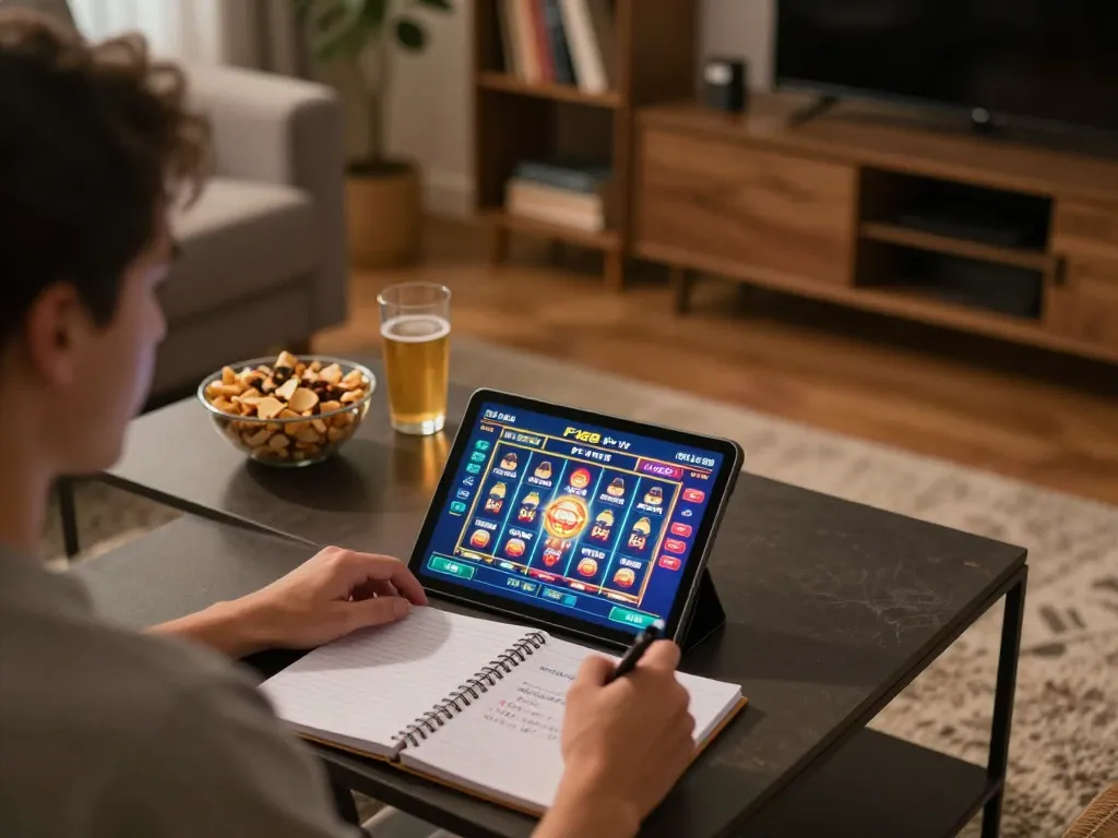 Player enjoying F168 online slots on tablet in cozy home setup, engaging with exciting gameplay.