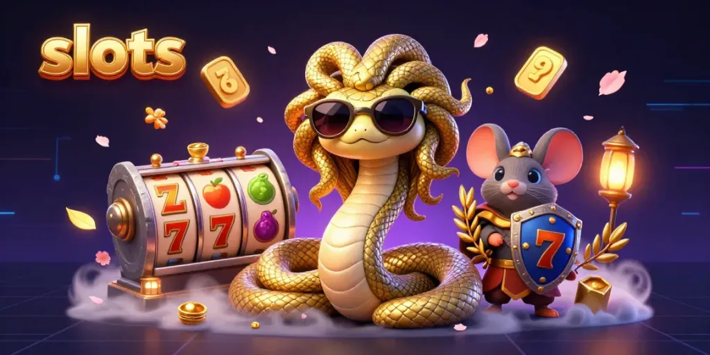 Engage with vibrant slots and lucky 7s in a rich casino scene led by a friendly Medusa.