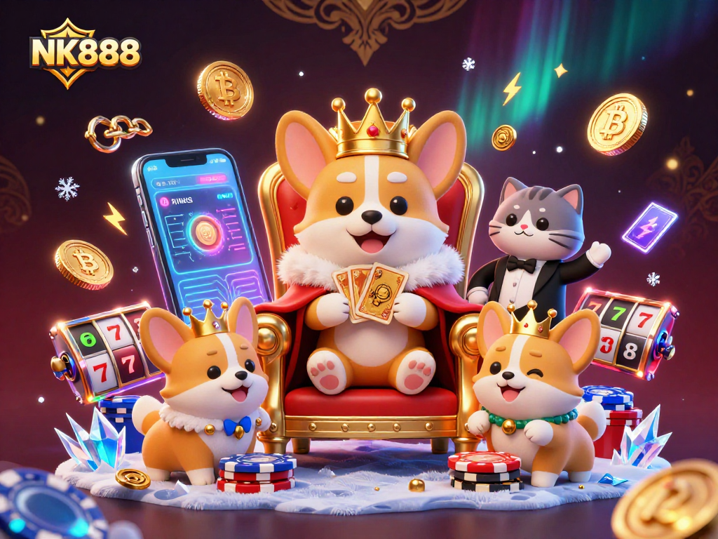 Engage in thrilling slots action with NK888 amid colorful Bitcoin coins and corgi royalty.