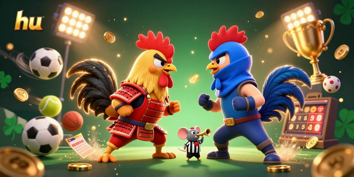 Engage in thrilling action with hu, featuring fierce roosters in dramatic standoff amidst sports elements.