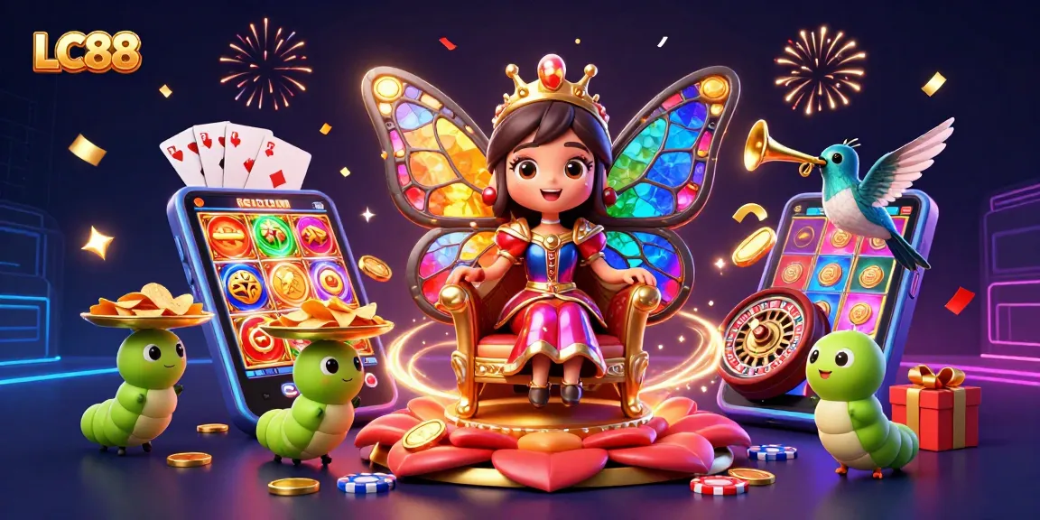 Win big with LC88 in a vibrant online casino scene featuring whimsical characters and dynamic gaming elements.