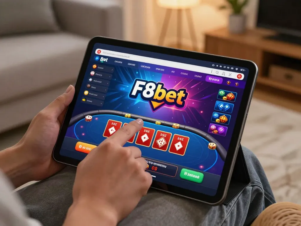 Hands engaged in exciting gameplay on F8bet poker tablet interface at home