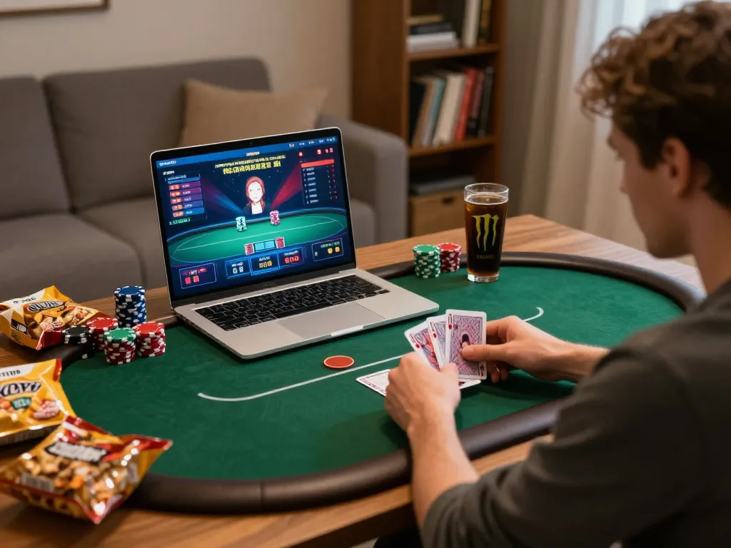 Player immersed in an online poker game on QQ888, with chips and cards visible, showcasing a strategic session at home.