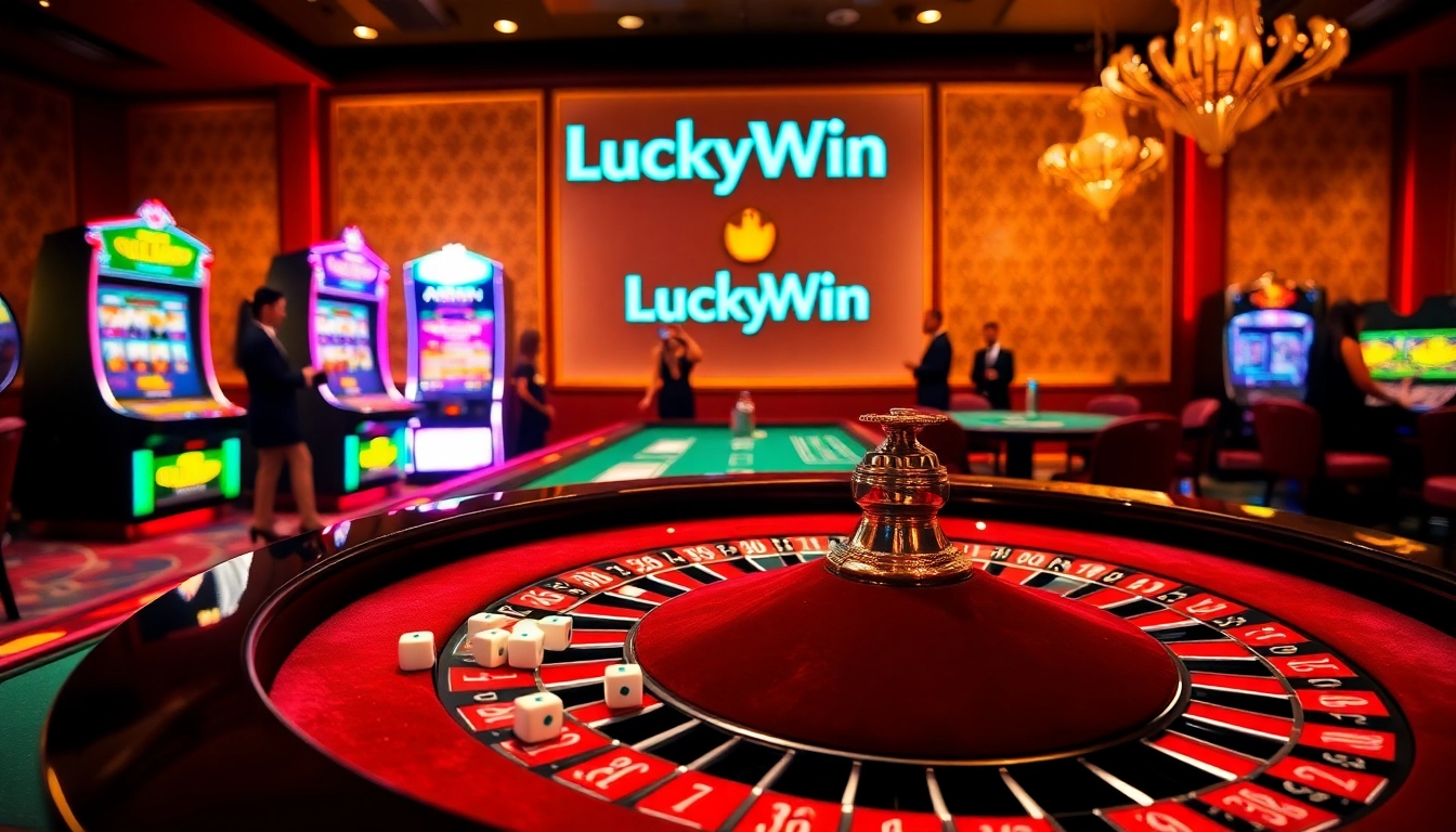 Players experiencing the thrill of LuckyWin at an elegant casino, surrounded by luxury gaming elements.