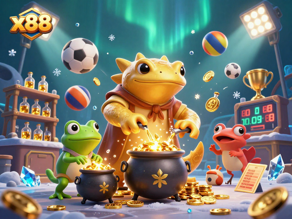 Experience the excitement of x88's dynamic games with golden coins and sports elements.