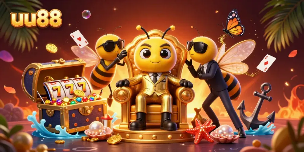 Experience exhilarating slots at uu88 with our vibrant casino-themed illustration featuring a bumblebee mob boss.