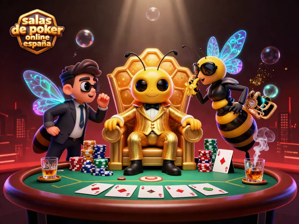Salas de póker online España, animación de una escena de póker activa con personajes y elementos dinámicos.