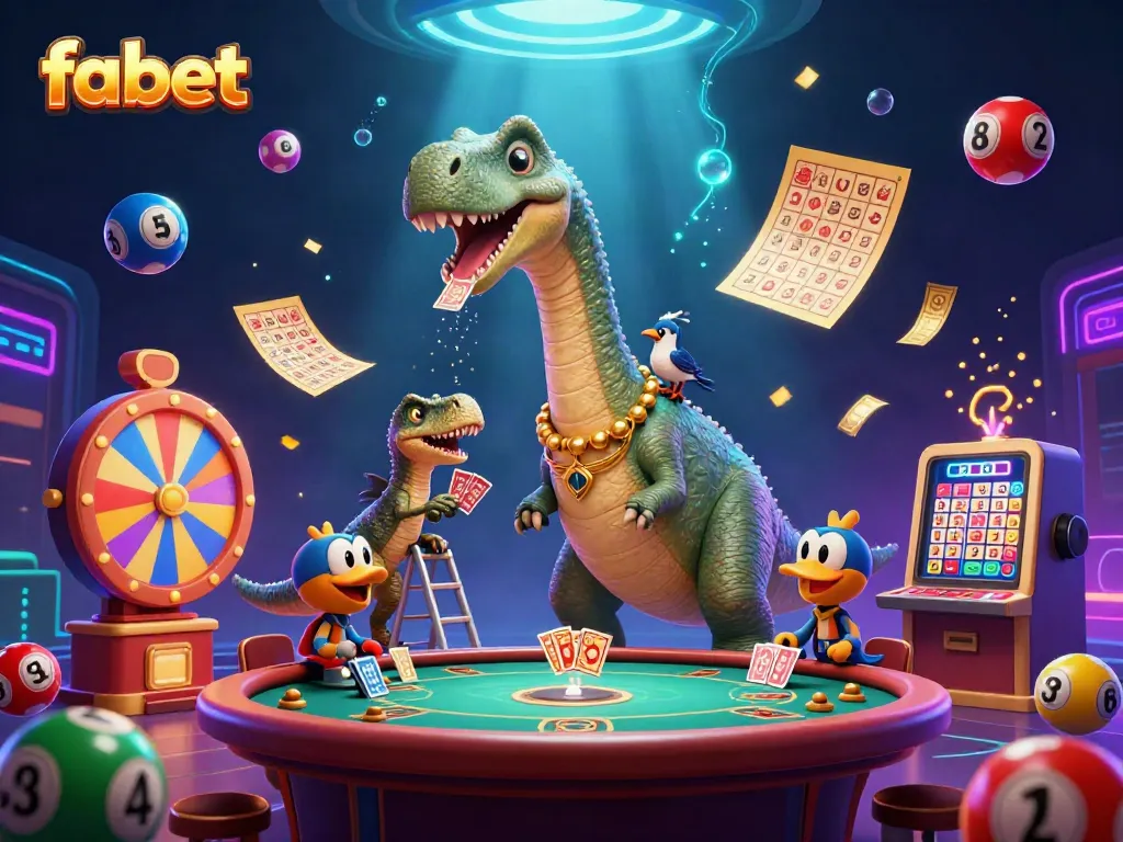 Experience dynamic gaming with fabet, featuring colorful lottery elements and characters at a lively table.