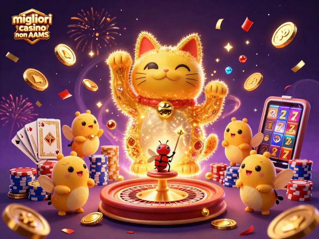 Divertiti nei migliori casino non AAMS con un gatto fortunato circondato da simboli di casinò e scintillanti monete d'oro.