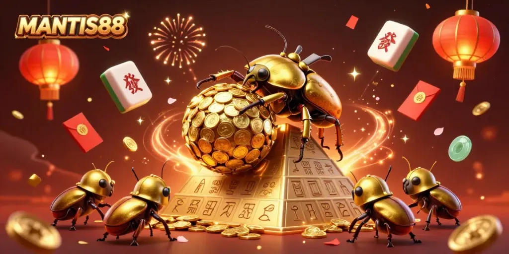 MANTIS88 showcases a massive golden dung beetle and smaller beetles rolling gold coins in a vibrant casino scene.