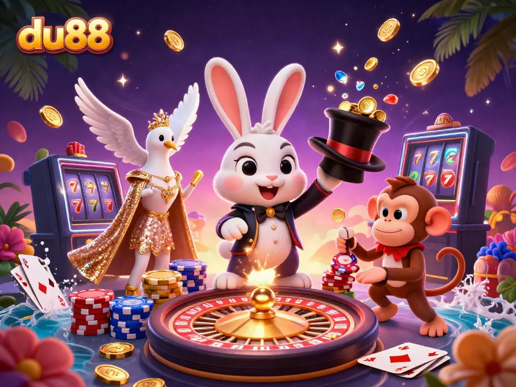 Experience the dynamic entertainment of du88 with magical characters and casino elements in a vibrant illustration.