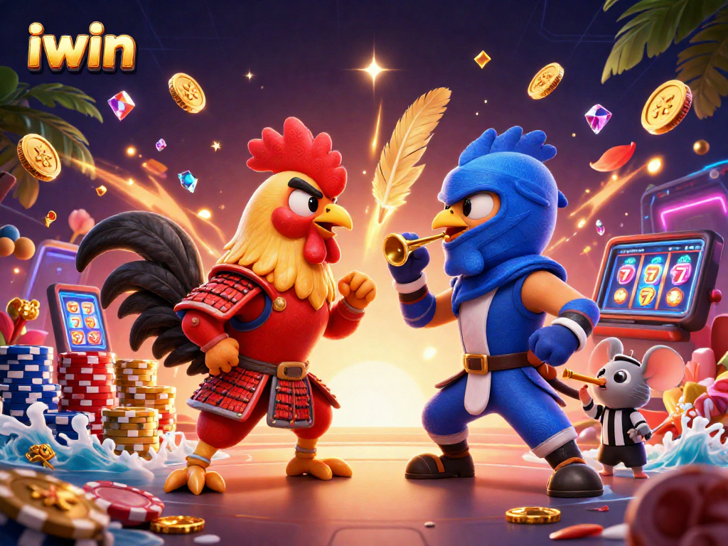 Witness thrilling iwin showdowns of cartoon roosters and gaming treasures in a 3D casino spectacle.