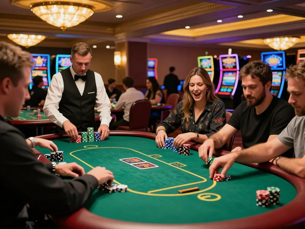 Players winning at j88 poker tables, vibrant casino atmosphere with colorful chips and engaged participants.
