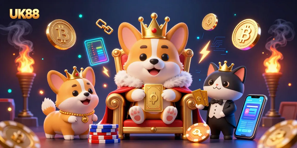 Win big with UK88 in a vibrant 3D illustration of a royal corgi on poker chips surrounded by crypto elements.