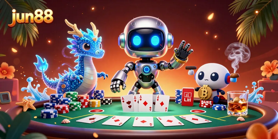 Engage with the thrilling experience at jun88, featuring a cyberpunk robot and holographic dragon at a poker table.