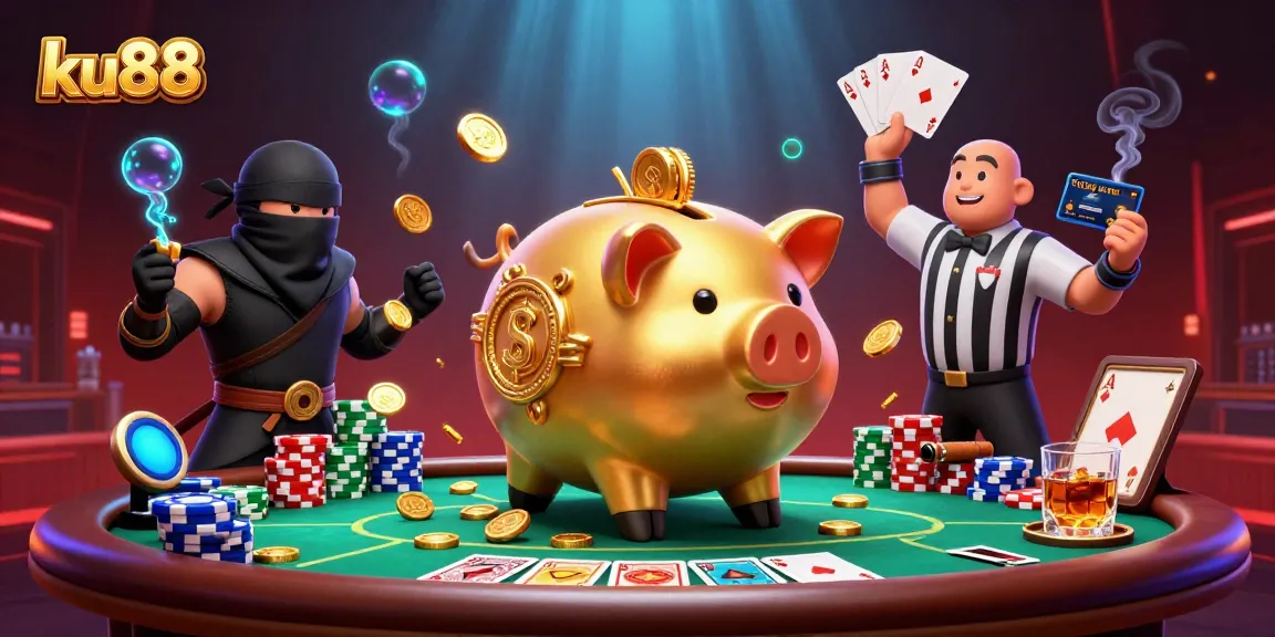 ku88 casino illustration with a golden piggy bank sumo wrestler and poker elements
