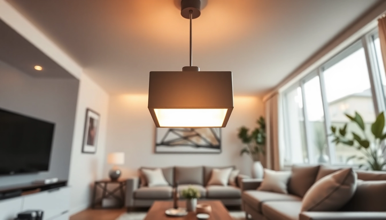 Bright square light fixture illuminating a stylish modern living room interior.
