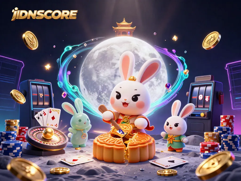 IDNSCORE showcases a dynamic casino scene with moon rabbits, poker chips, and golden palace.