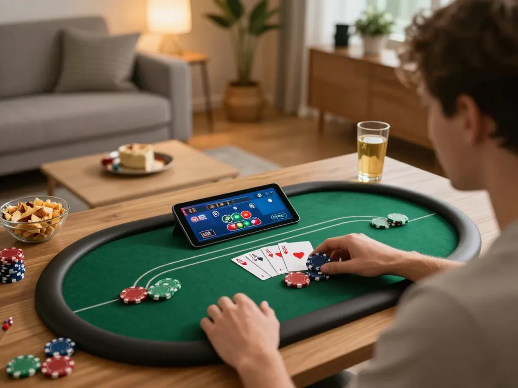 Player enjoying online gambling with rokok88 on a tablet, showcasing poker strategies at home.