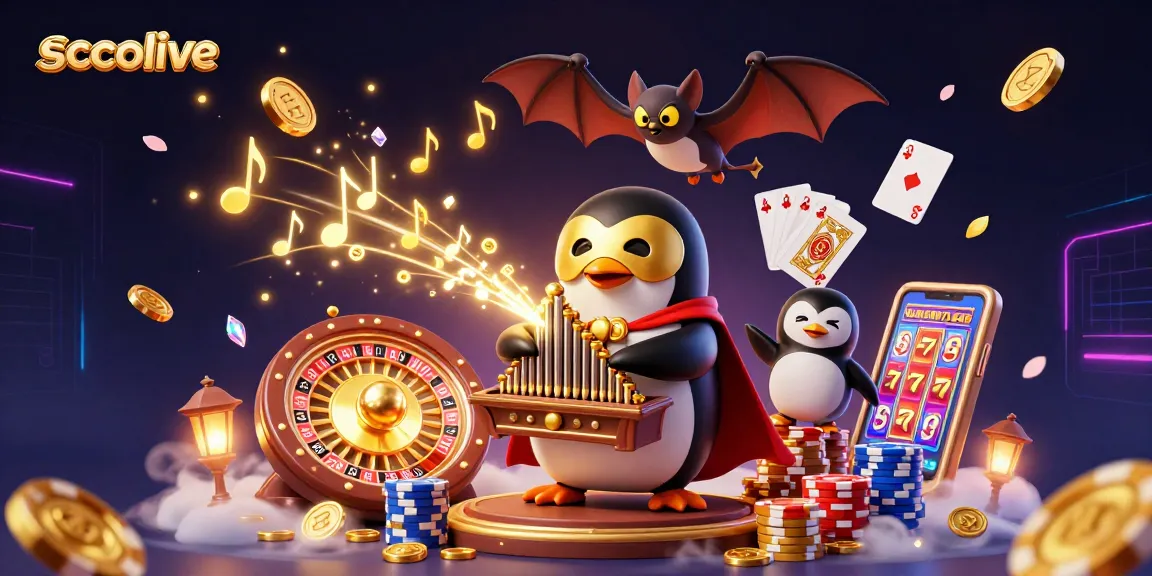 Socolive brings excitement with a dynamic scene of a penguin playing an organ, shooting coins, and gaming elements.