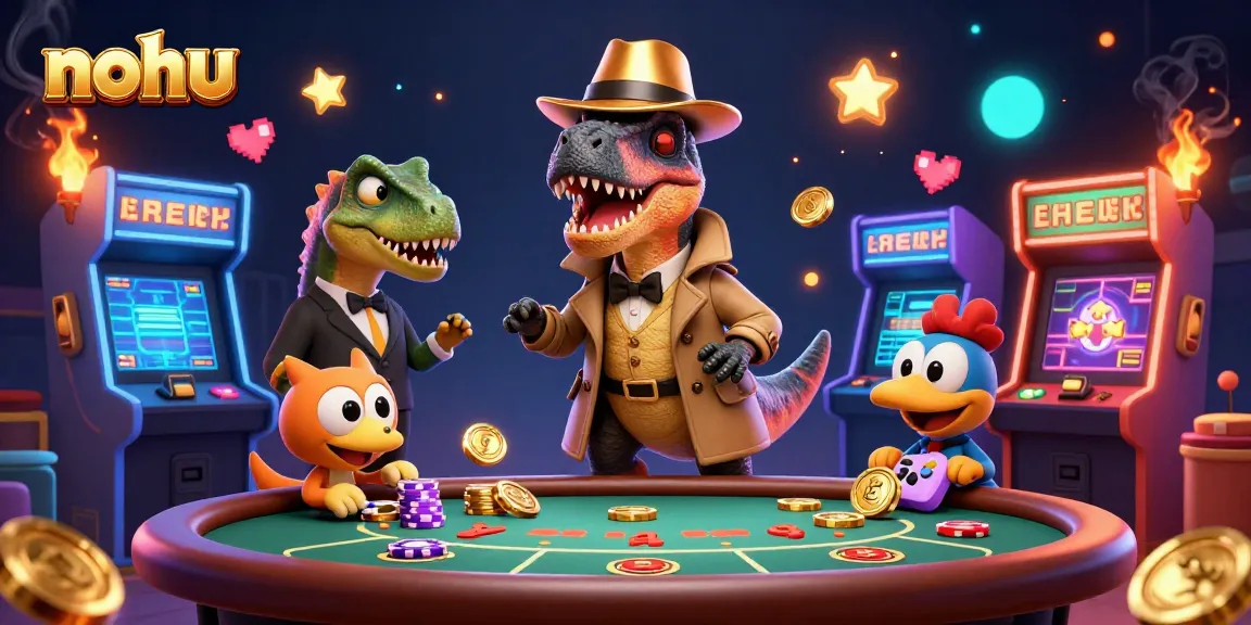 Nohu showcases a velociraptor card counter at a blackjack table while a stegosaurus monitors the action, embodying a thrilling casino atmosphere.