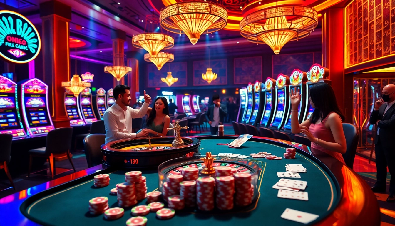 Exciting gambling scene showcasing 68 game bài with poker chips, cards, and roulette elements.