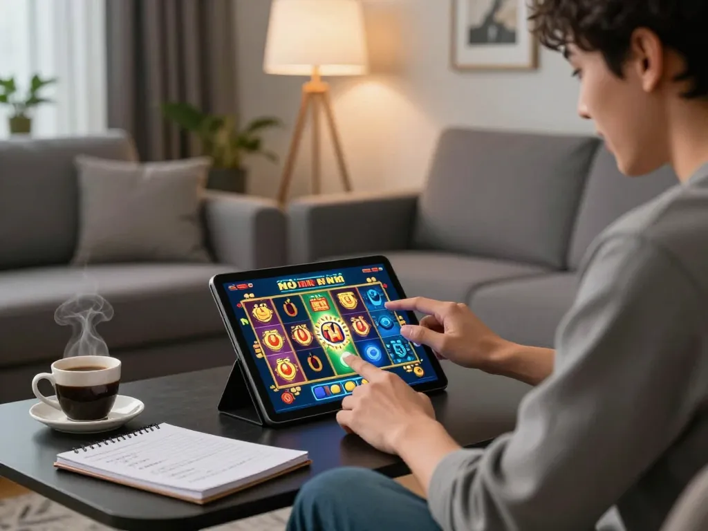 Engaged player enjoying game nổ hũ on tablet in modern living room setting, vibrant graphics displayed, strategic notes on table.