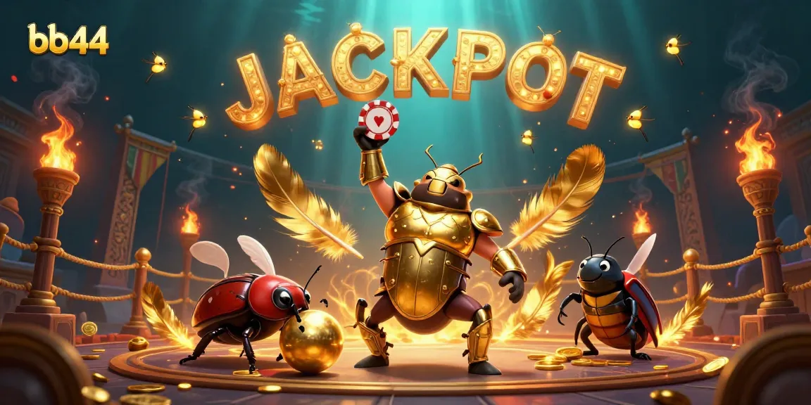 Experience excitement with bb44 as a 3D hercules beetle celebrates a poker win amid a vibrant casino scene.
