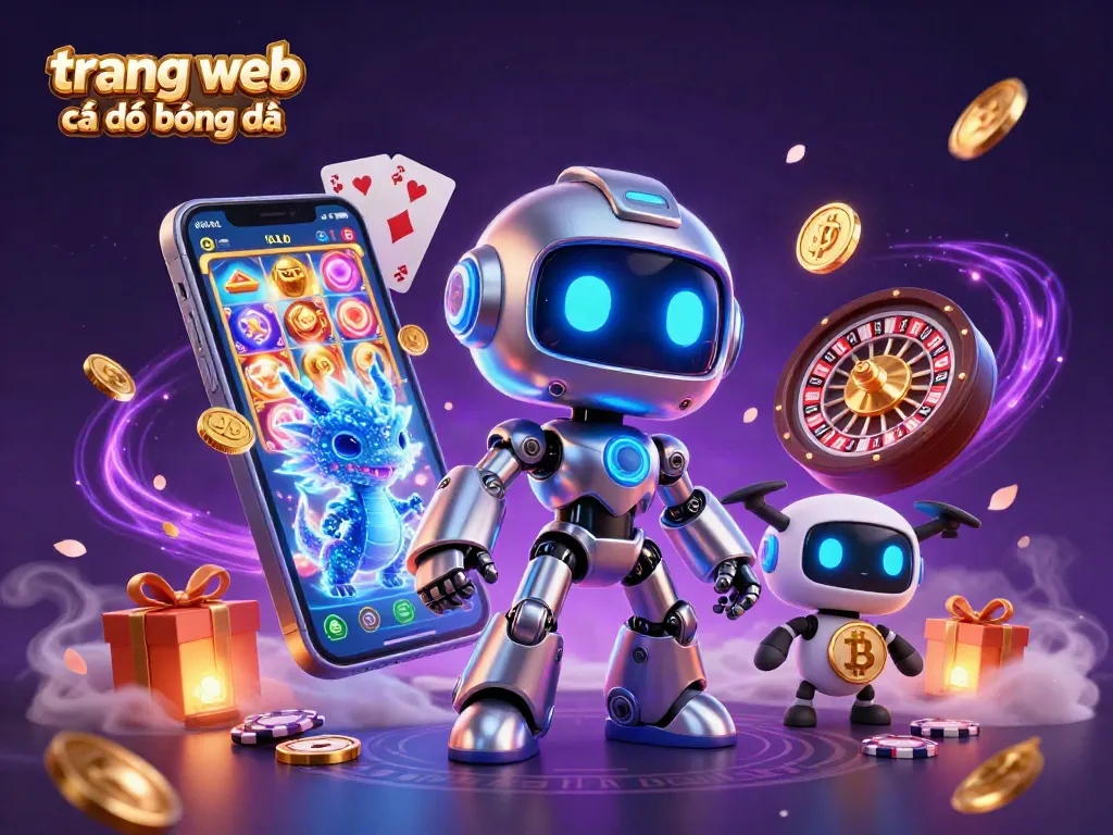 Phát triển trang web cá độ bóng đá với robot 3D và biểu tượng bitcoin đậm chất hiện đại.