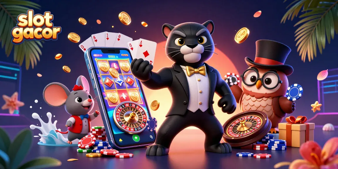 Engage with slot gacor excitement featuring a stylish black panther, an elegant owl, and a lucky mouse in a vibrant casino scene.