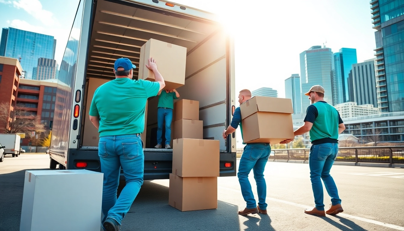 Calgary movers expertly loading a truck while showcasing local urban scenery.