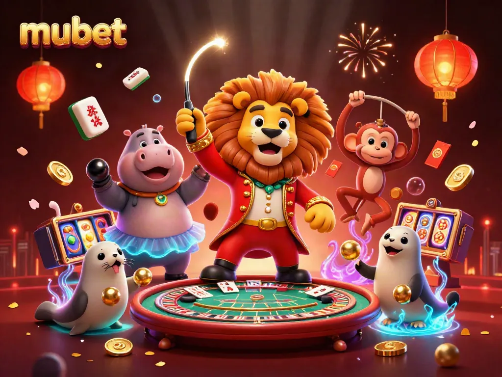 Engage in exhilarating games and promotions at mubet, featuring animated characters and casino themes.
