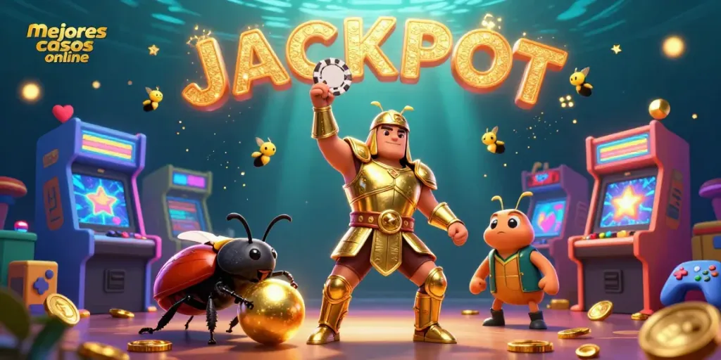 Los mejores casinos online presentan un héroe en pose triunfal sobre un fondo vibrante.