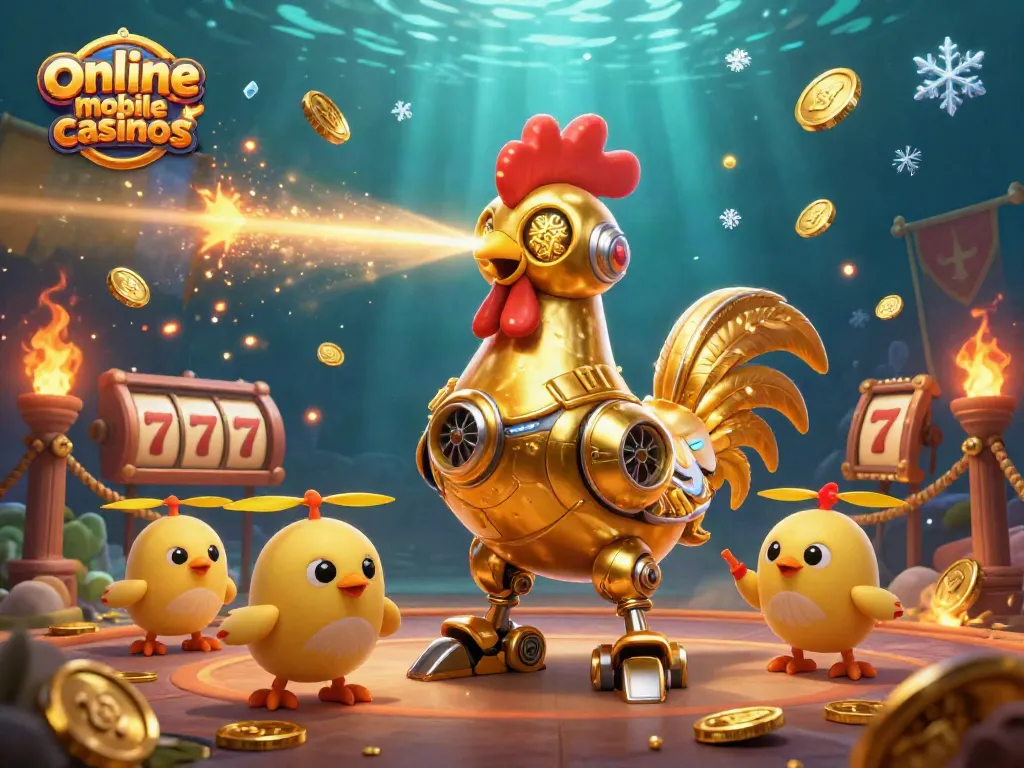 Engage with online mobile casinos featuring dynamic 3D casino illustration art showcasing a golden rooster robot and baby chick drones.