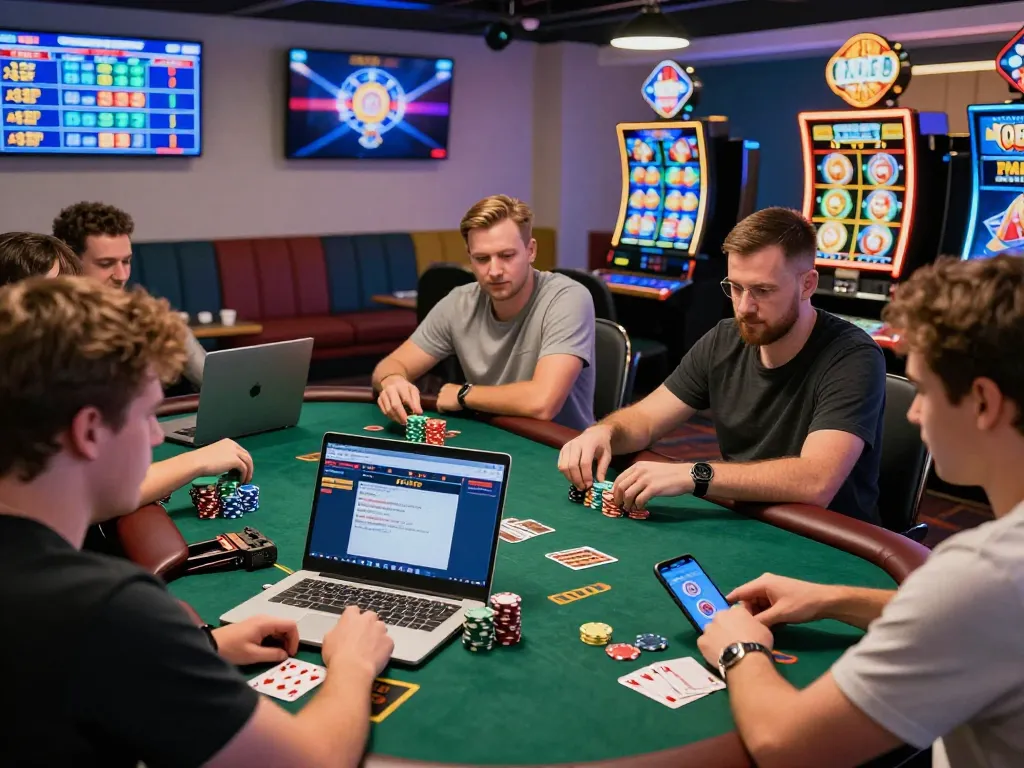 VN88 players enjoying online gambling with vibrant displays and casino elements.