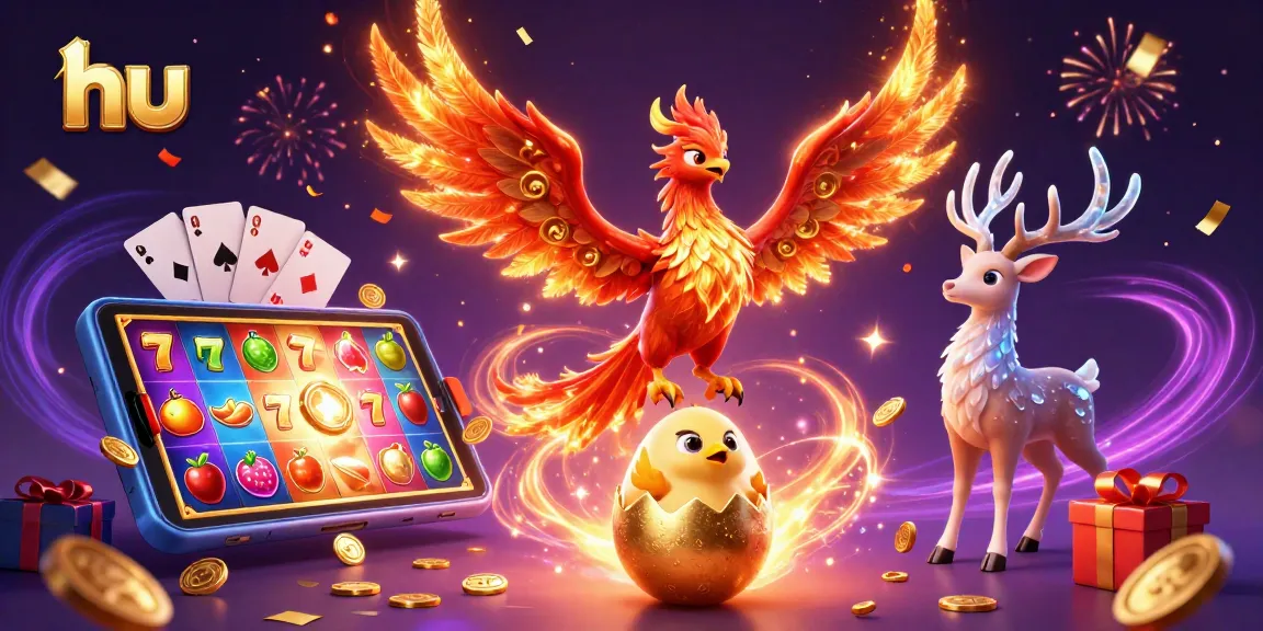 Experience exhilarating gaming with hu as a fire phoenix and baby hatch amid casino symbols and rewards.