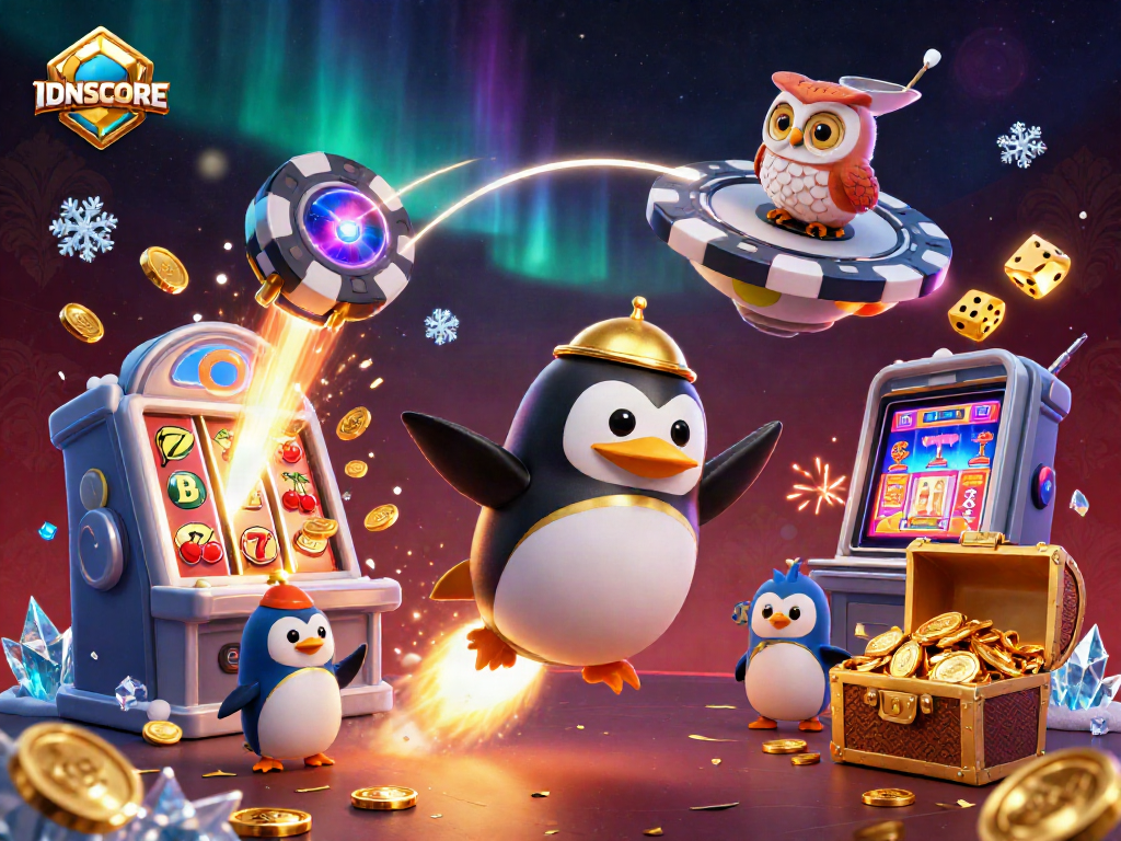 Experience thrilling wins with IDNSCORE featuring a golden penguin in a vibrant casino universe.