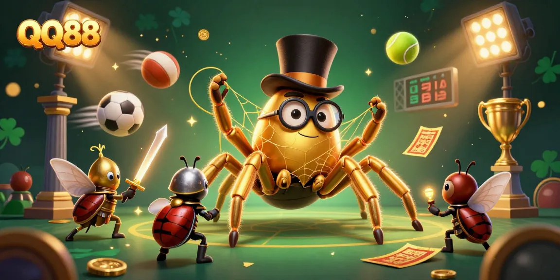 Experience the excitement of QQ88 with a vibrant casino scene featuring a golden tarantula and beetle knight among dynamic sports elements.