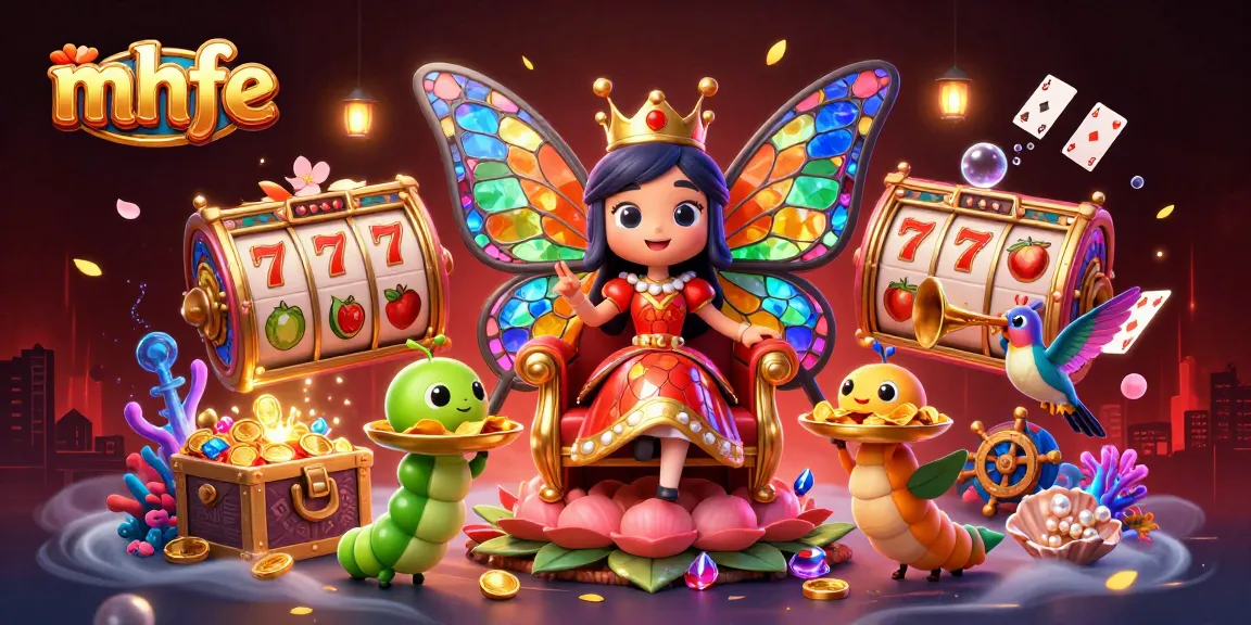 Experience vibrant gameplay at mhfe, featuring a butterfly queen with vibrantly colored wings, golden chips, and dynamic gambling symbols.