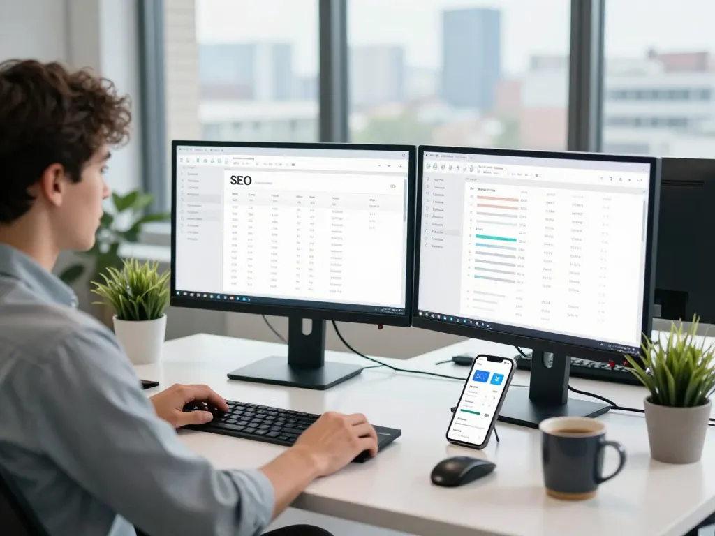 SEO specialist utilizing group buy SEO tools in a modern workspace.