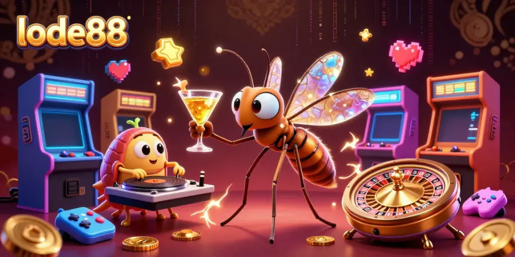 Experience the thrill at lode88 with a vibrant illustration showcasing a unique casino mascot and captivating gaming elements.